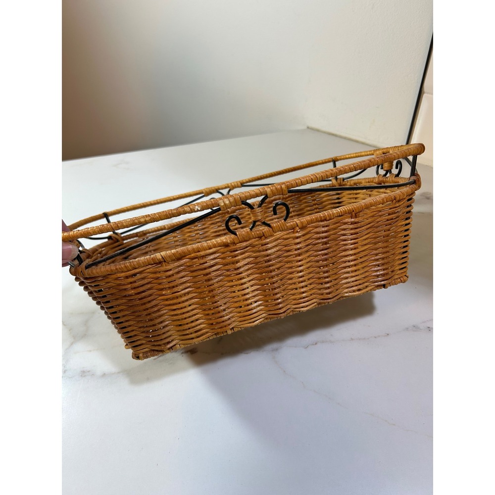Woven Wicker Basket Black Metal Frame Scrollwork Rectangular Storage Bin Brown